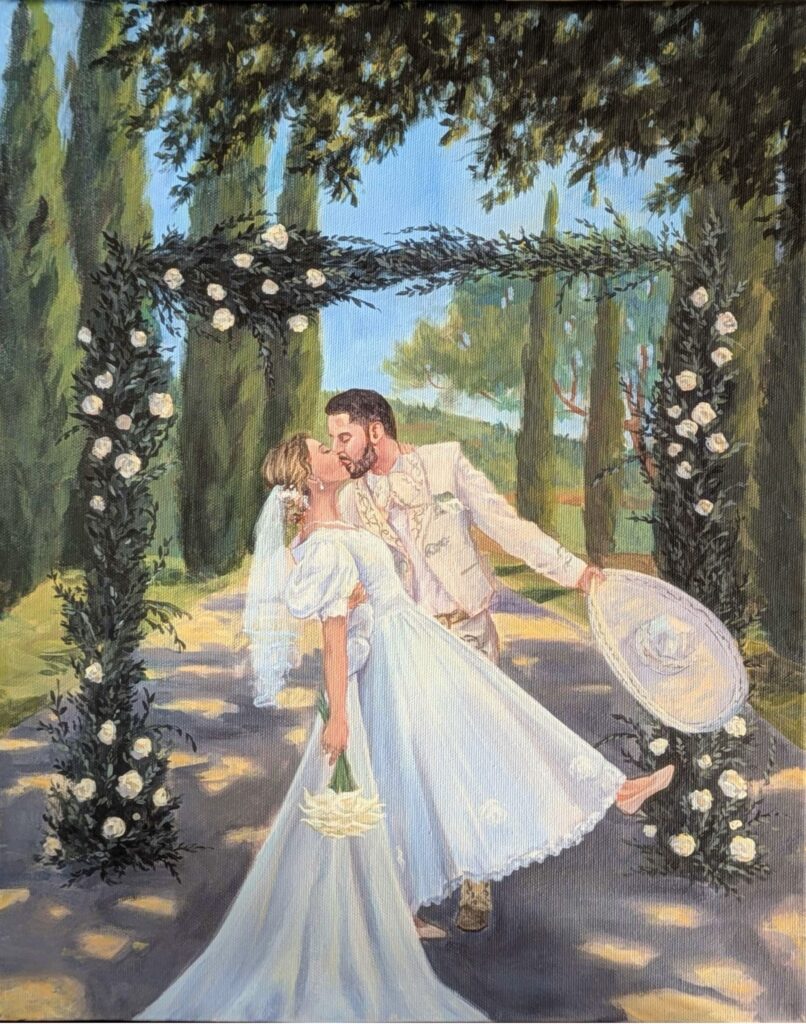 Dipinto acrilico realizzato in live painting durante un matrimonio: una coppia che si bacia tra colline toscane, ulivi, cipressi e cielo azzurro.